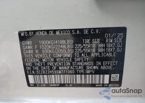 2025 Honda Hr-V Awd Sport from USA, damaged, VIN 3CZRZ2H59SM771060